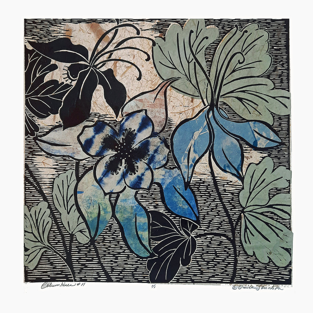 Columbines 11, new for 2024, linocut with chine colle, size 16x16 image size one of a kind by Ouida Touchon, Colorado artist. 