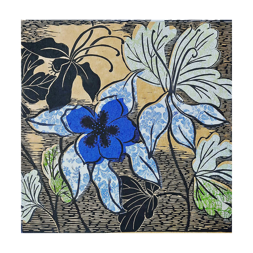 Columbine 2, linocut with chine colle, graphic botanical art  of columbines on paper for sale by Ouida Touchon