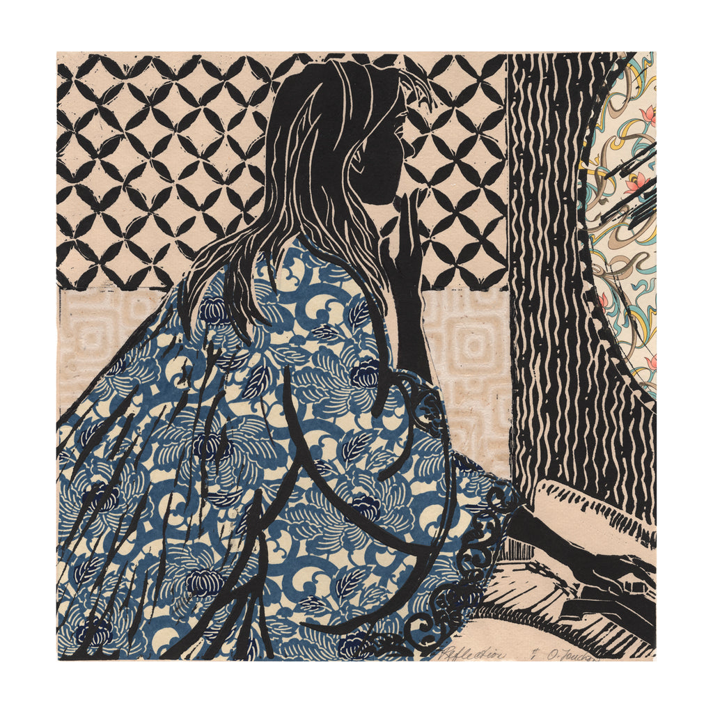 Reflection, a lino cut handprint with chine colle collage, a woman washing her face, wearing a blue patterned kimono; limited edition, signed and numbered, for sale by Ouida Touchon