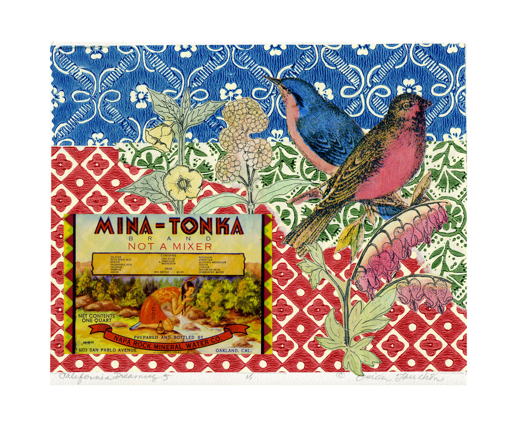 California Dreaming 5, vintage collage on paper with songbirds for sale by Ouida Touchon