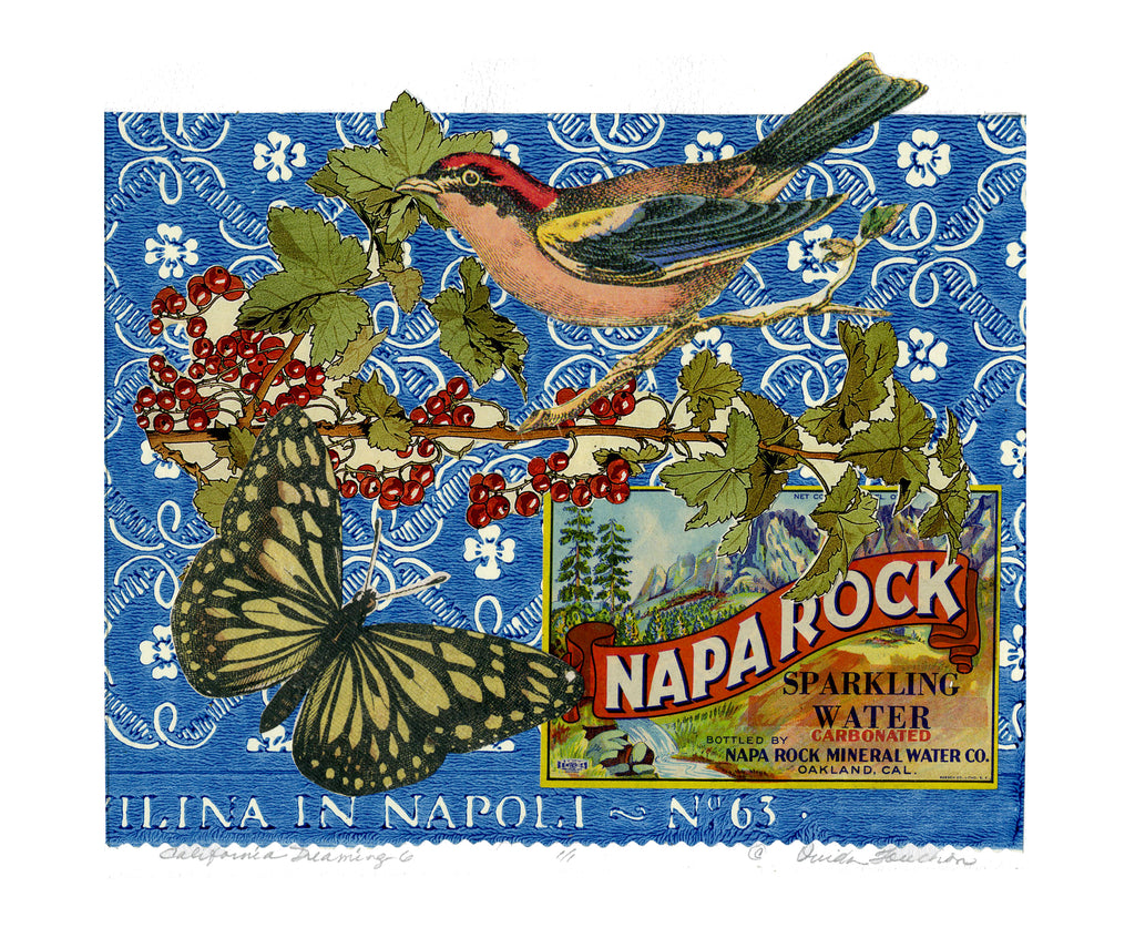 California Dreaming 6, vintage collage on paper with songbirds for sale by Ouida Touchon