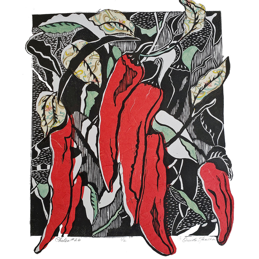 Red chiles woodcut print with collage, Chiles #26, on heavy acid free paper, free shipping from Ouida Touchon, artist