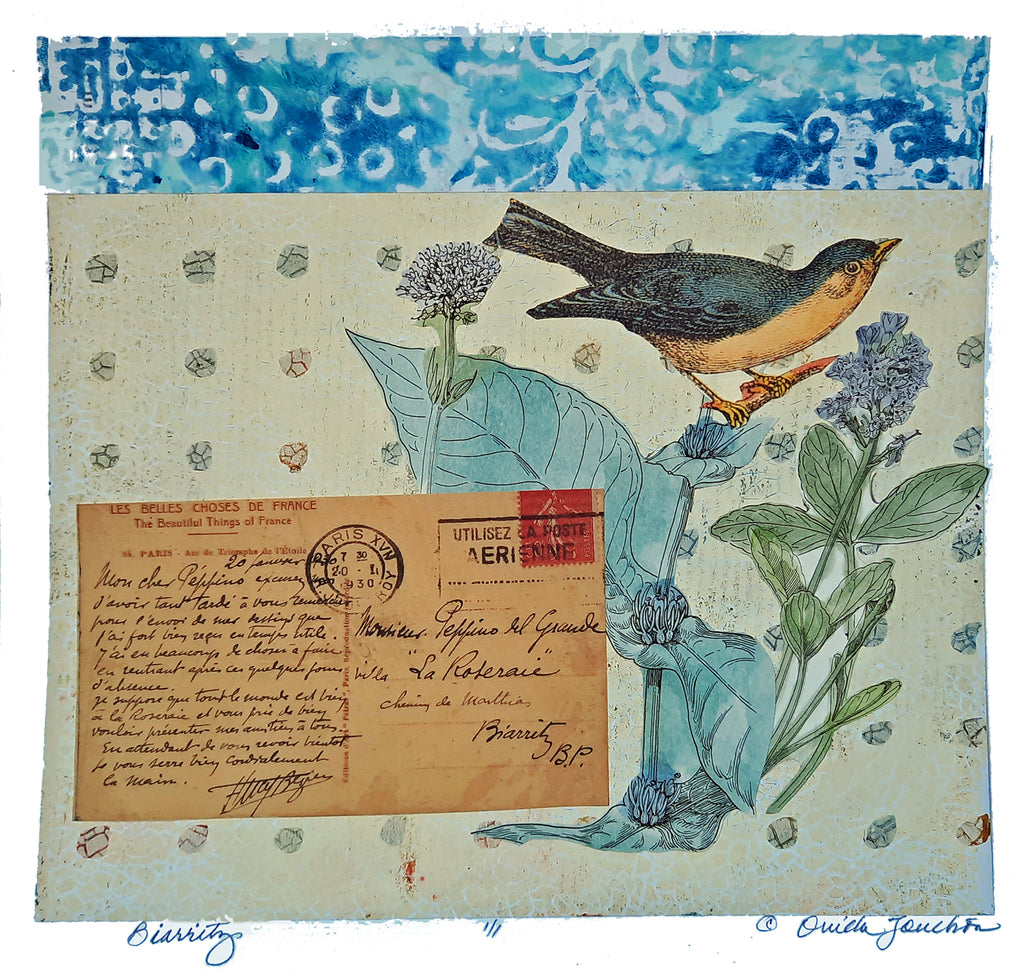 Biarritz,  collage of hand printed paper fragments, 9 h x 10 w on acid free base sheet of paper.  One of a kind artwork by Ouida Touchon.