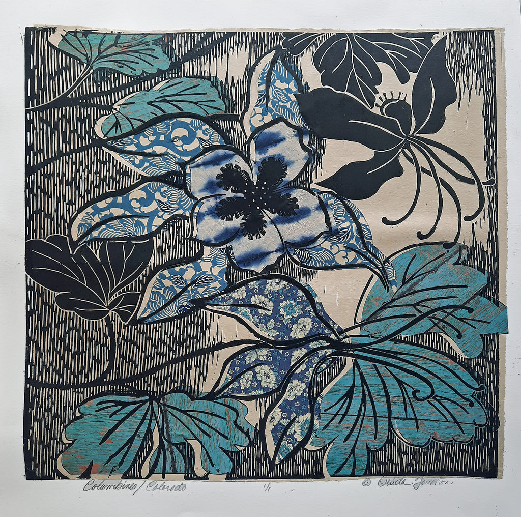 A Colorado Columbine with blue, black, and turquoise colors on a textured background. Handprinted by Ouida Touchon, artist. 