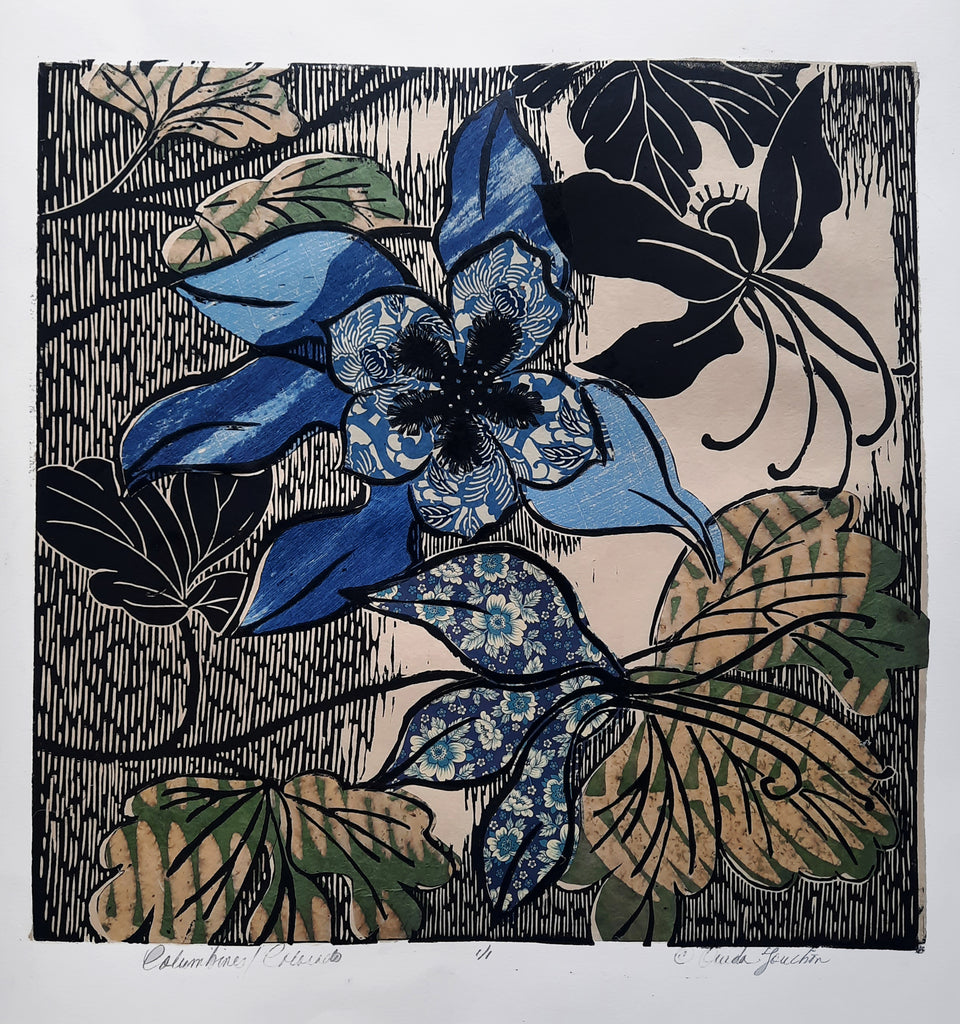 A Colorado Columbine with blue, black, and green colors on a textured background. Handprinted by Ouida Touchon, artist. 