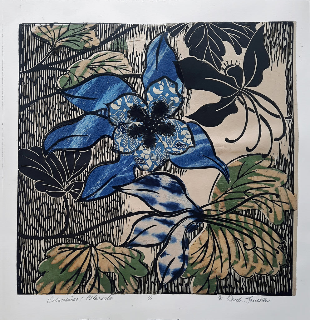 A floral pattern with blue, black, and green colors on a textured background. By Ouida Touchon, artist. 