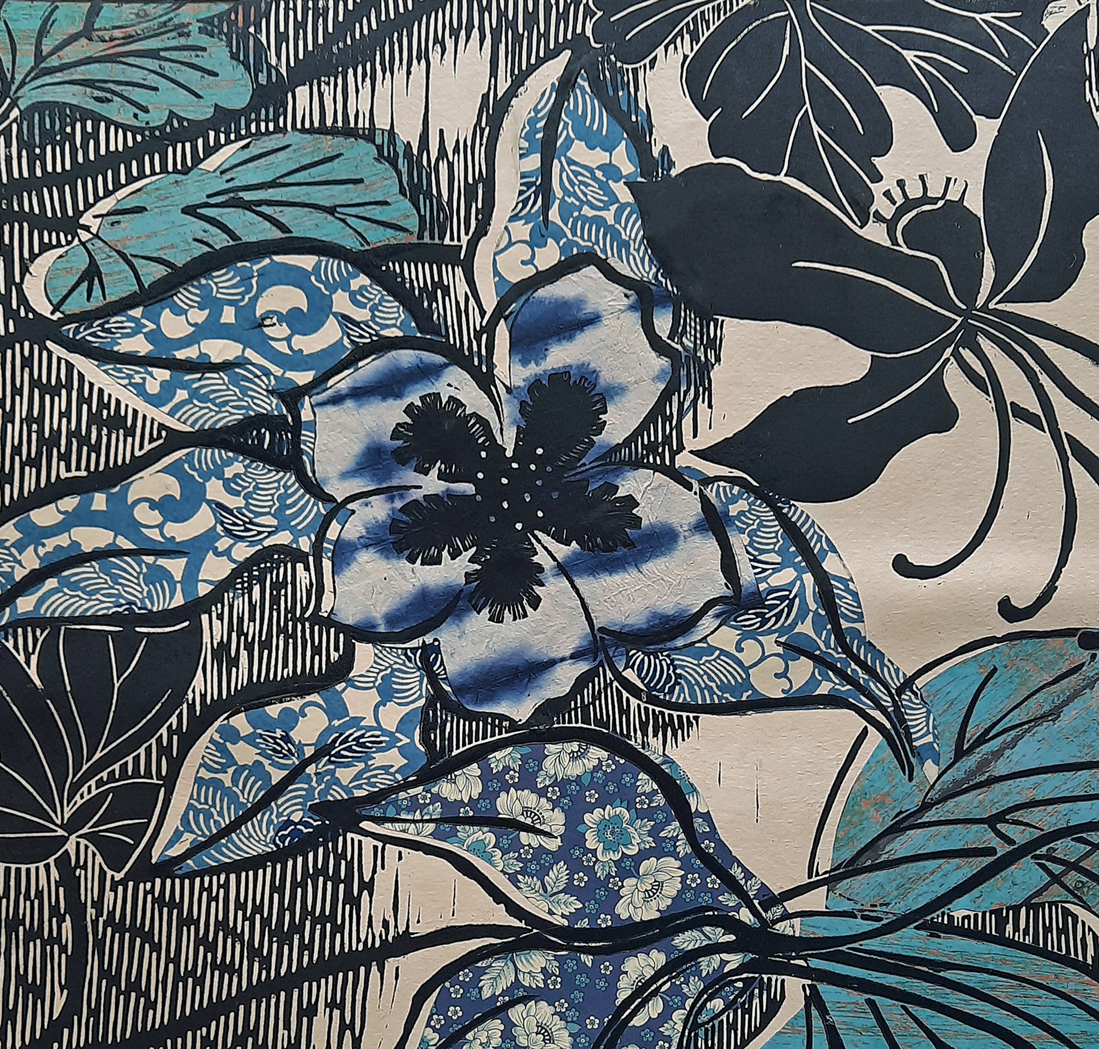 Close-up of a Colorado Columbine with blue, black, and turquoise colors on a textured background. Handprinted by Ouida Touchon, artist. 