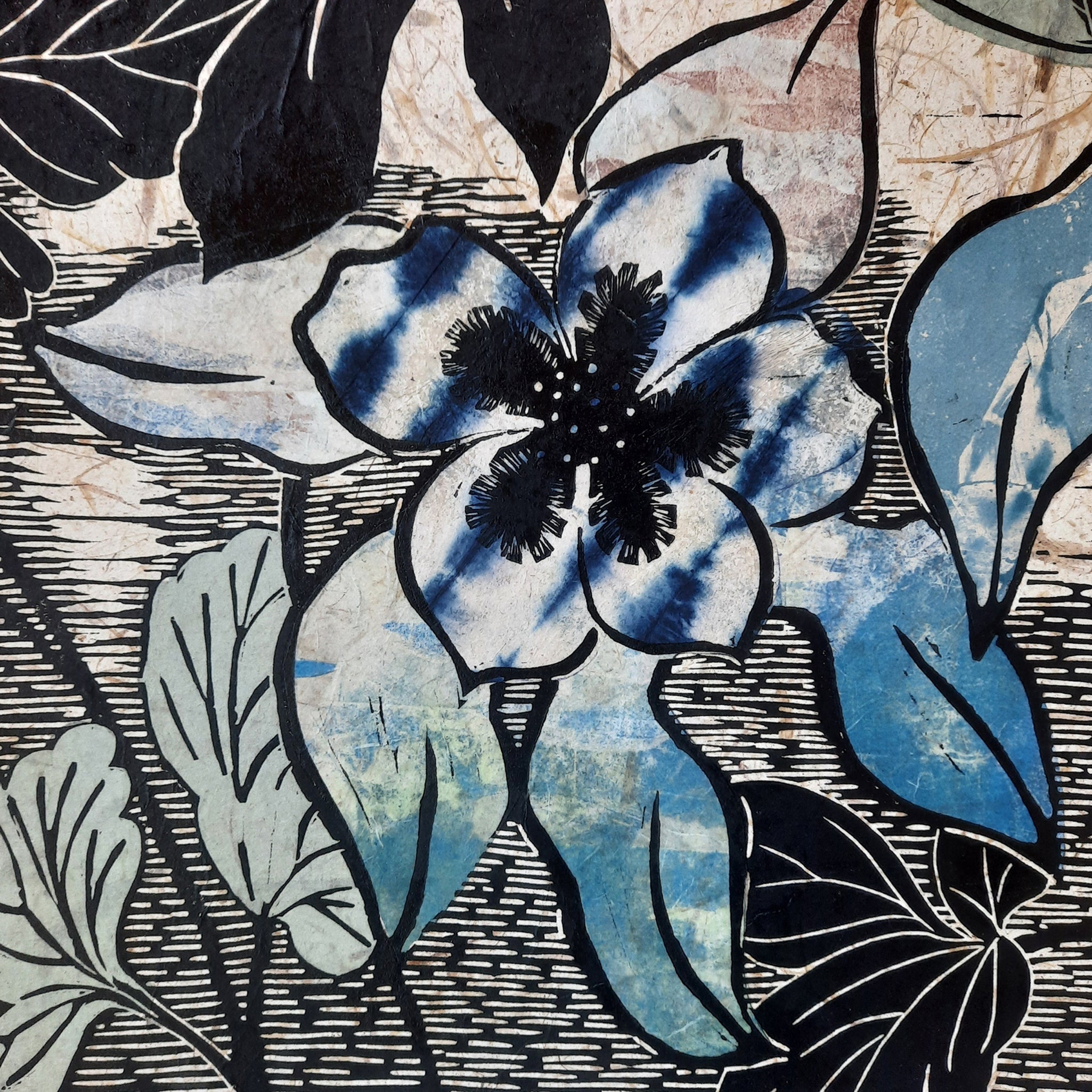 detail shot of Columbines 11, new for 2024, linocut with chine colle, size 16x16 image size one of a kind by Ouida Touchon, Colorado artist. 