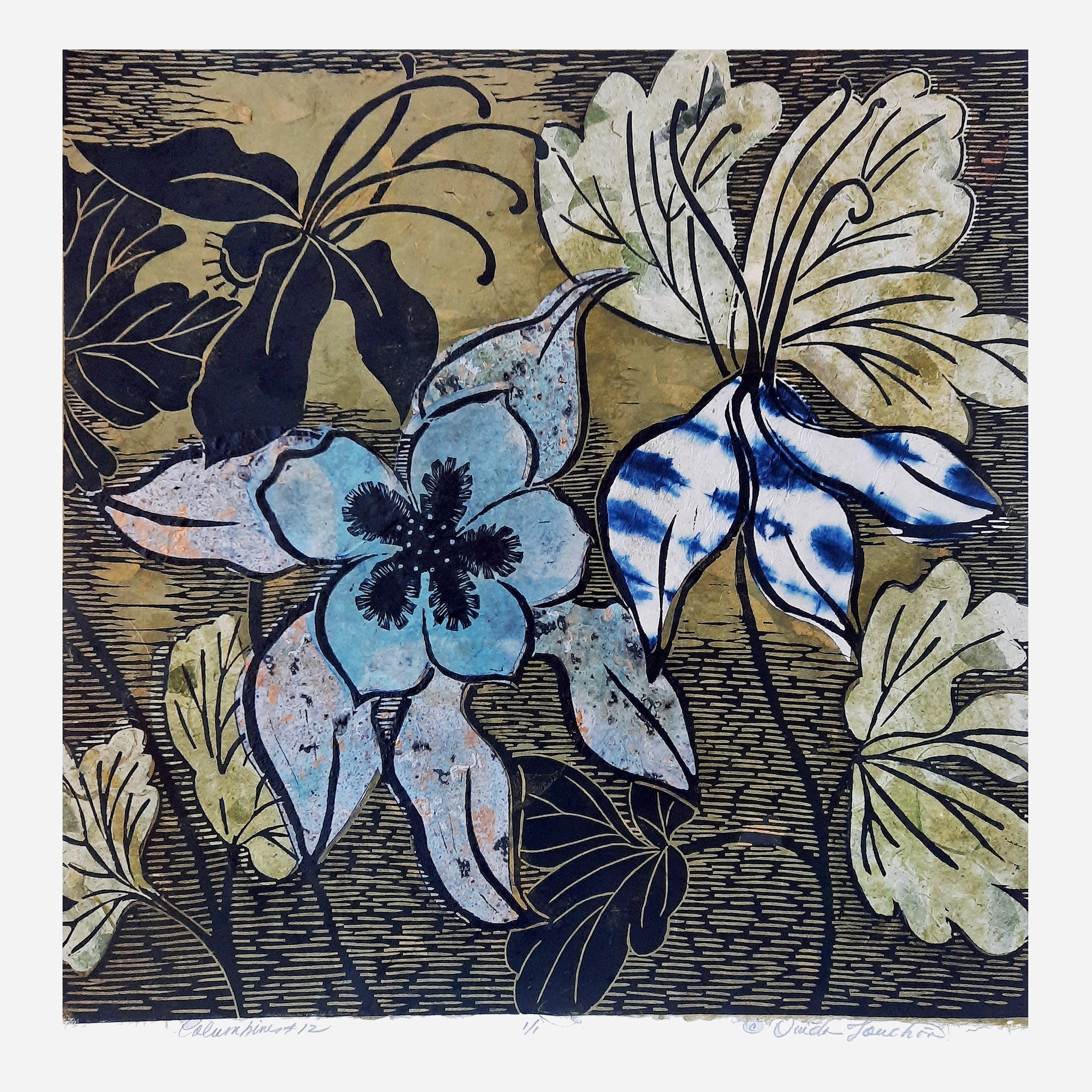 Columbines 12. New for 2024, linocut with chine colle, size 16x16 image size one of a kind by Ouida Touchon, Colorado artist. 