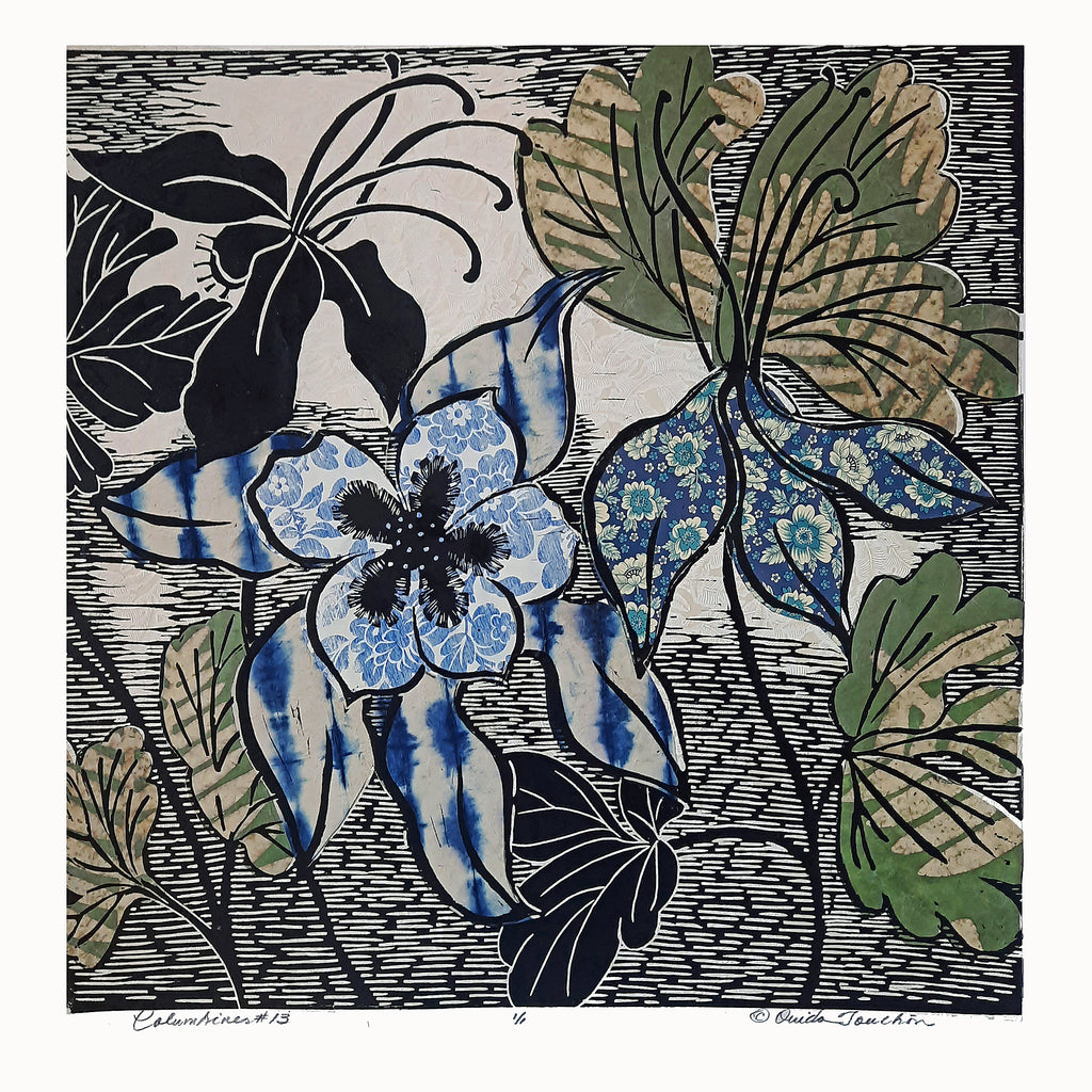 Columbines 13. New for 2024, linocut with chine colle, size 16x16 image size one of a kind by Ouida Touchon, Colorado artist. 