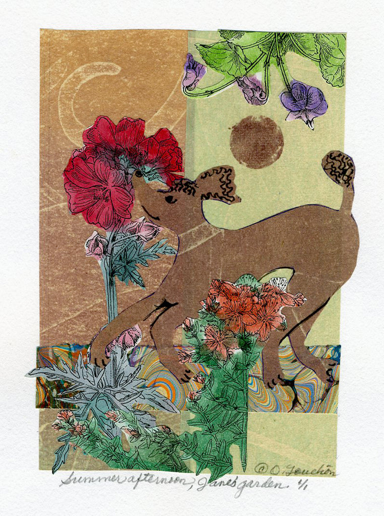 Artistic depiction of a poodle surrounded by flowers on a textured background