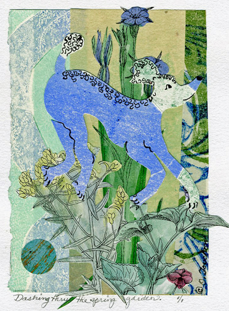 Collage art of a blue creature among plants with text 'Dashing through the spring garden' at the bottom.