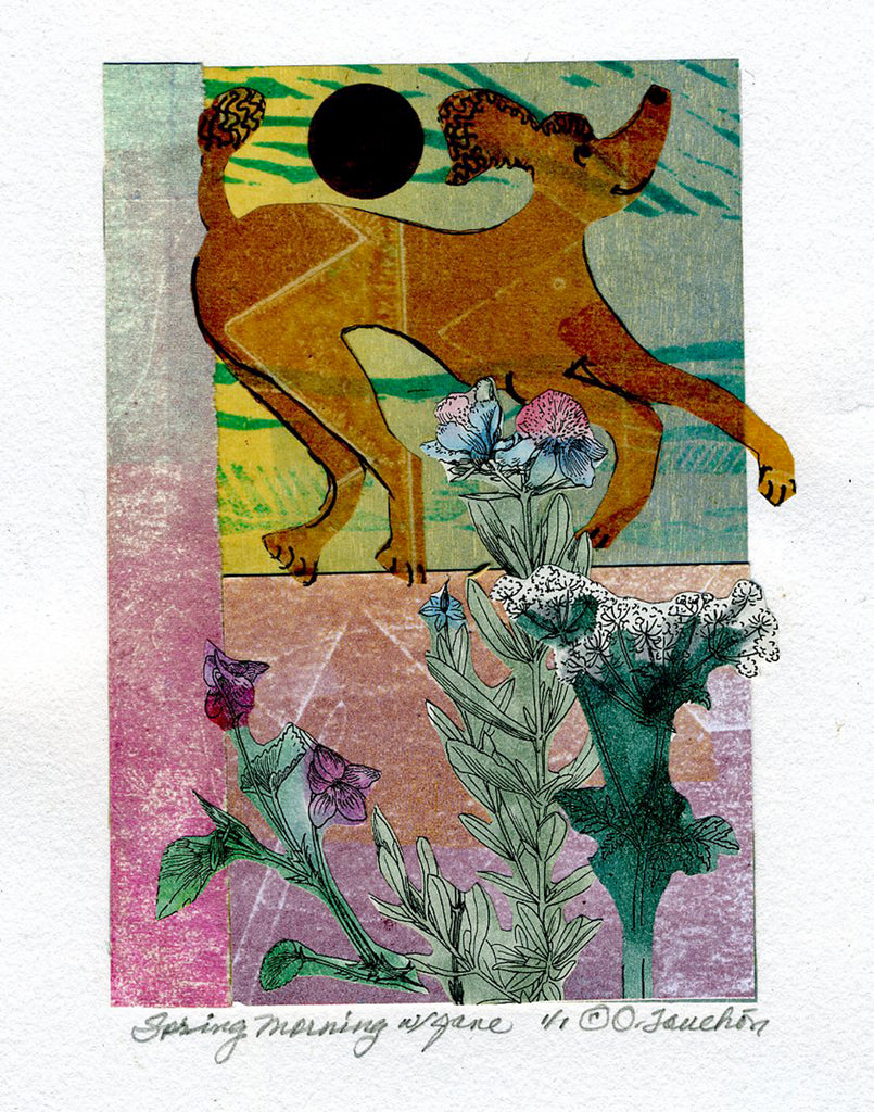 Artistic depiction of a poodle and flowers with abstract patterns