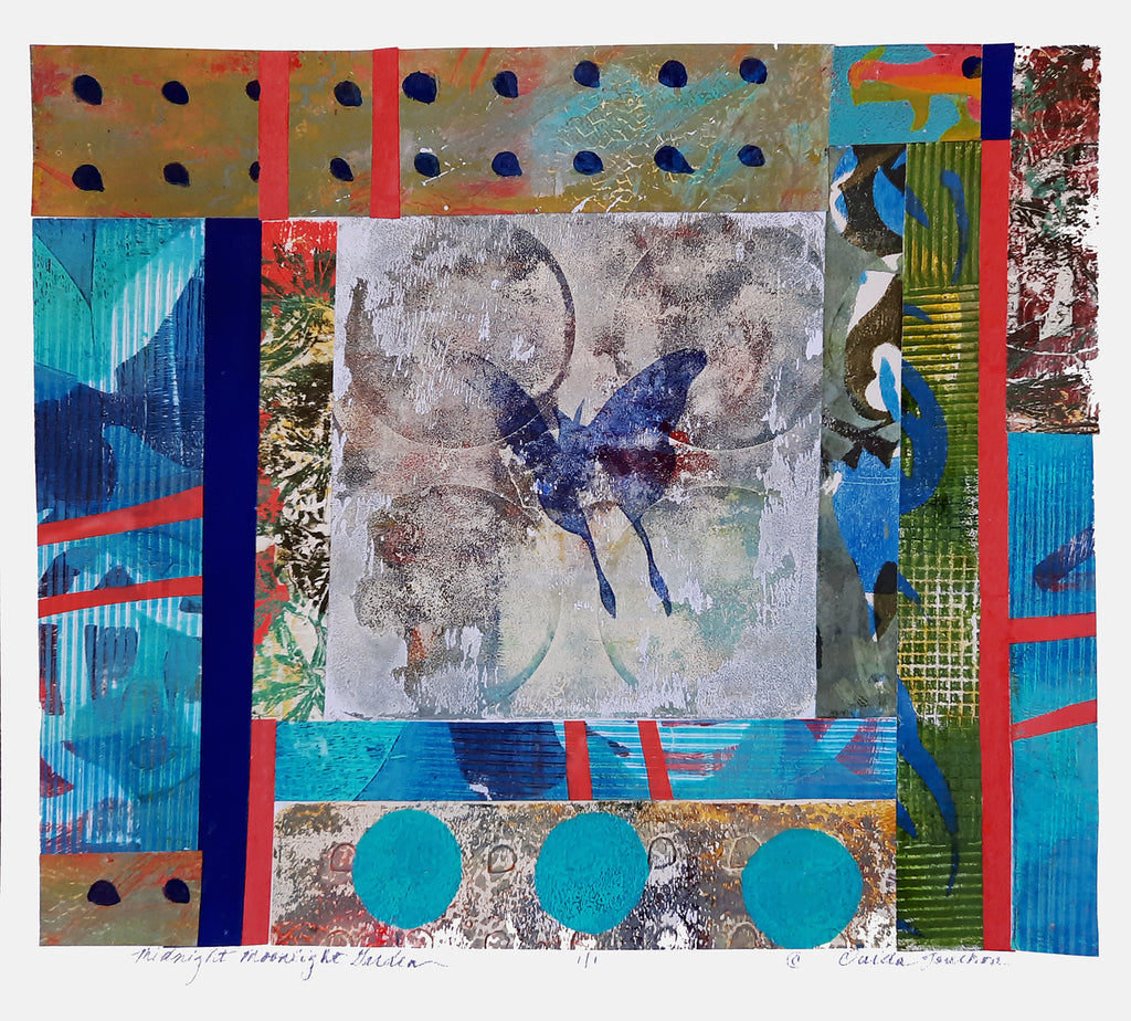 Midnight Moonlight Garden collage of hand printed paper fragments, 11 h x 12 w. One of a kind artwork by Ouida Touchon.