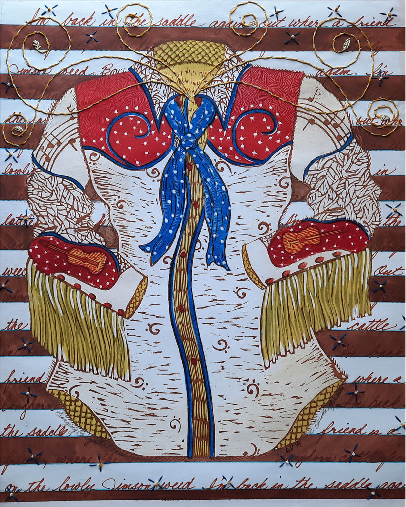 Singing Cowgirl Redux, embellished woodcut print on canvas with embroidery by Ouida Touchon. 