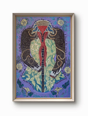 framed version of Cow Cow Boogie Redux, woodcut print on canvas with embellishments by Ouida Touchon