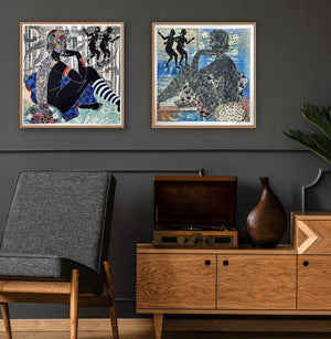 We are Stardust and Gathering of Fixed Stars, two artworks on paper, size 24x24, one of a kind, statement art by Colorado artist Ouida Touchon, view on wall in grey sitting room. 