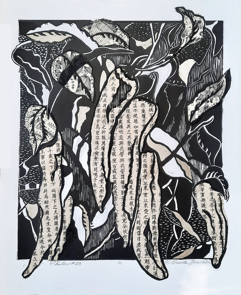 Chiles 33, woodcut print with chine colle paper fragments of Japanese text, for sale by Ouida Touchon