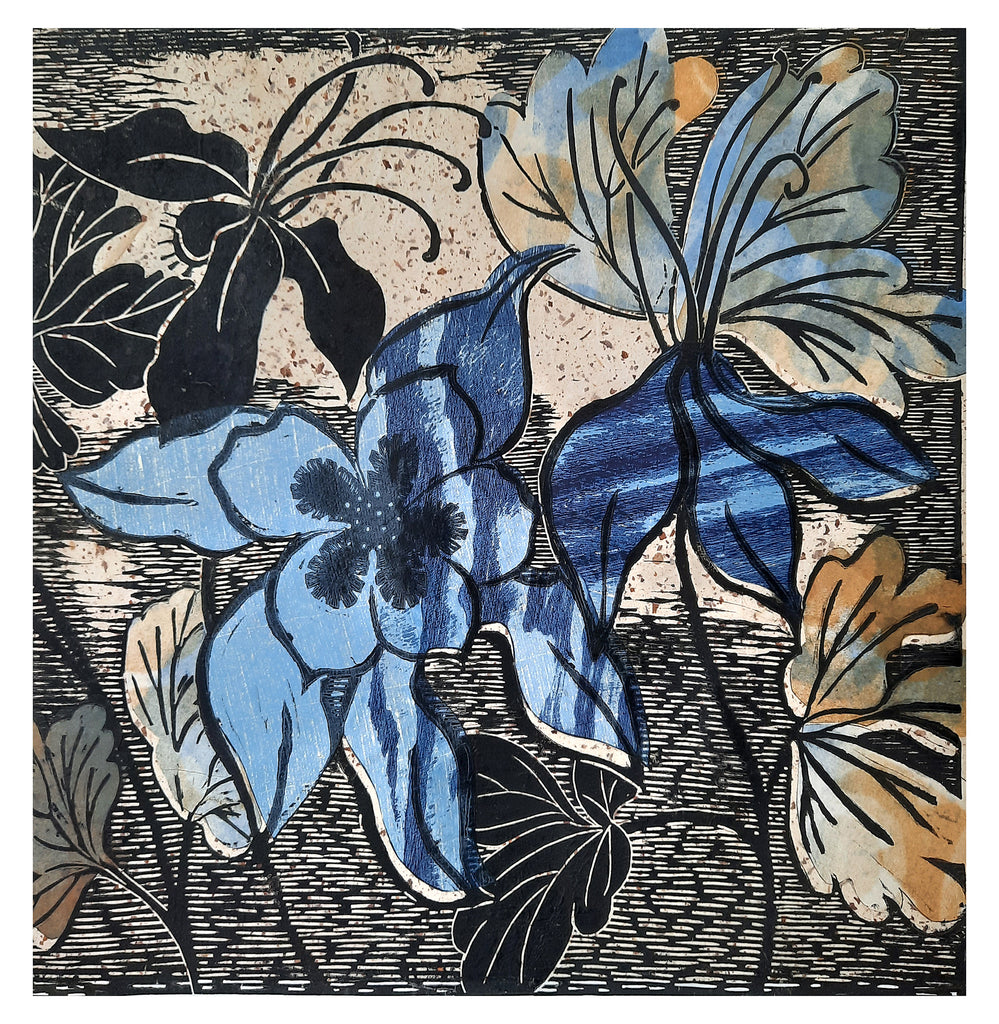Columbines 9 linocut print, one of one, and square format with collage details for sale by Ouida Touchon