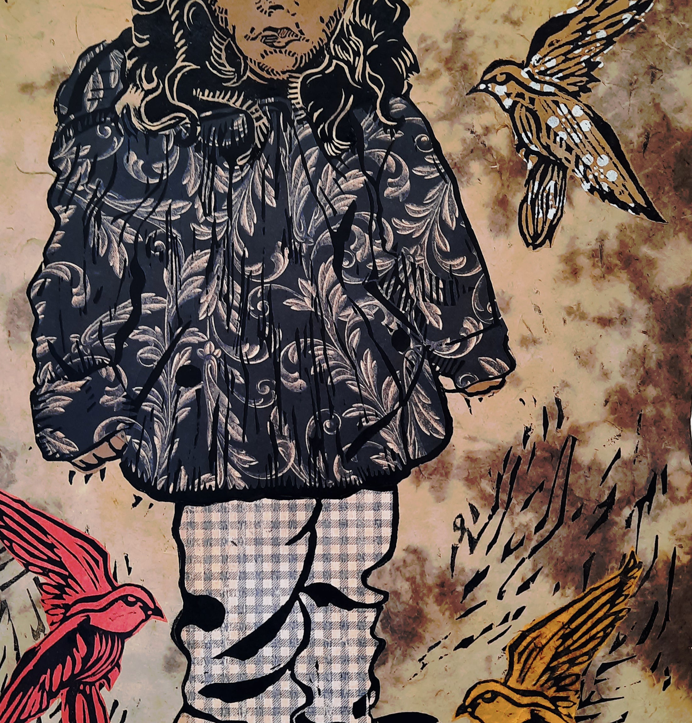 detail of Forest Girl 1, woodcut print with chine colle, songbirds, for sale by Ouida Touchon