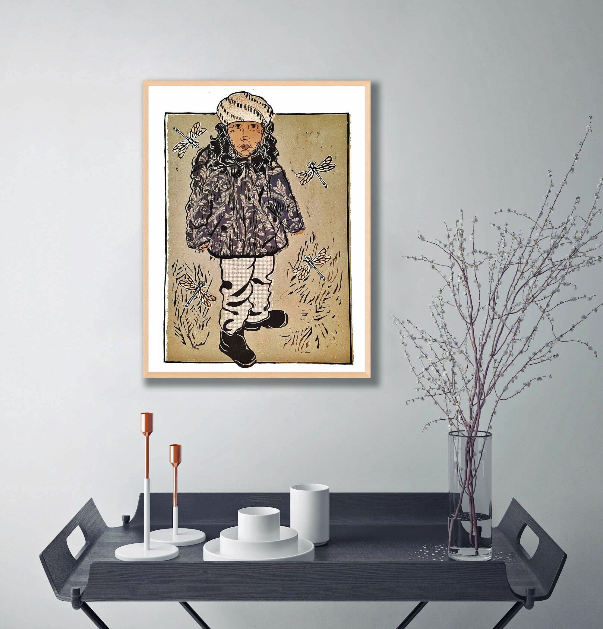 artwork in situ, Forest Girl 2, woodcut print with chine colle, ready to frame, for sale by Ouida Touchon