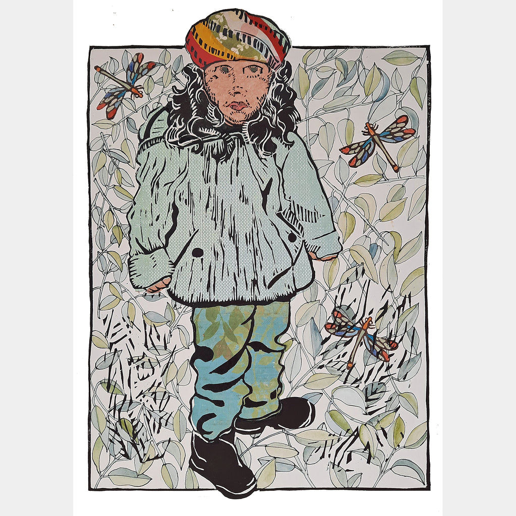 Forest Girl Artist Proof, one of a kind, woodcut and chine colle on paper, ready to frame and for sale by Ouida Touchon