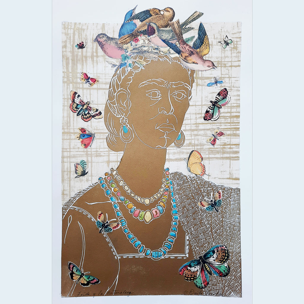 Frida y la Naturaleza, original artwork hand printed in gold ink, with songbirds and butterflies, for sale by Ouida Touchon