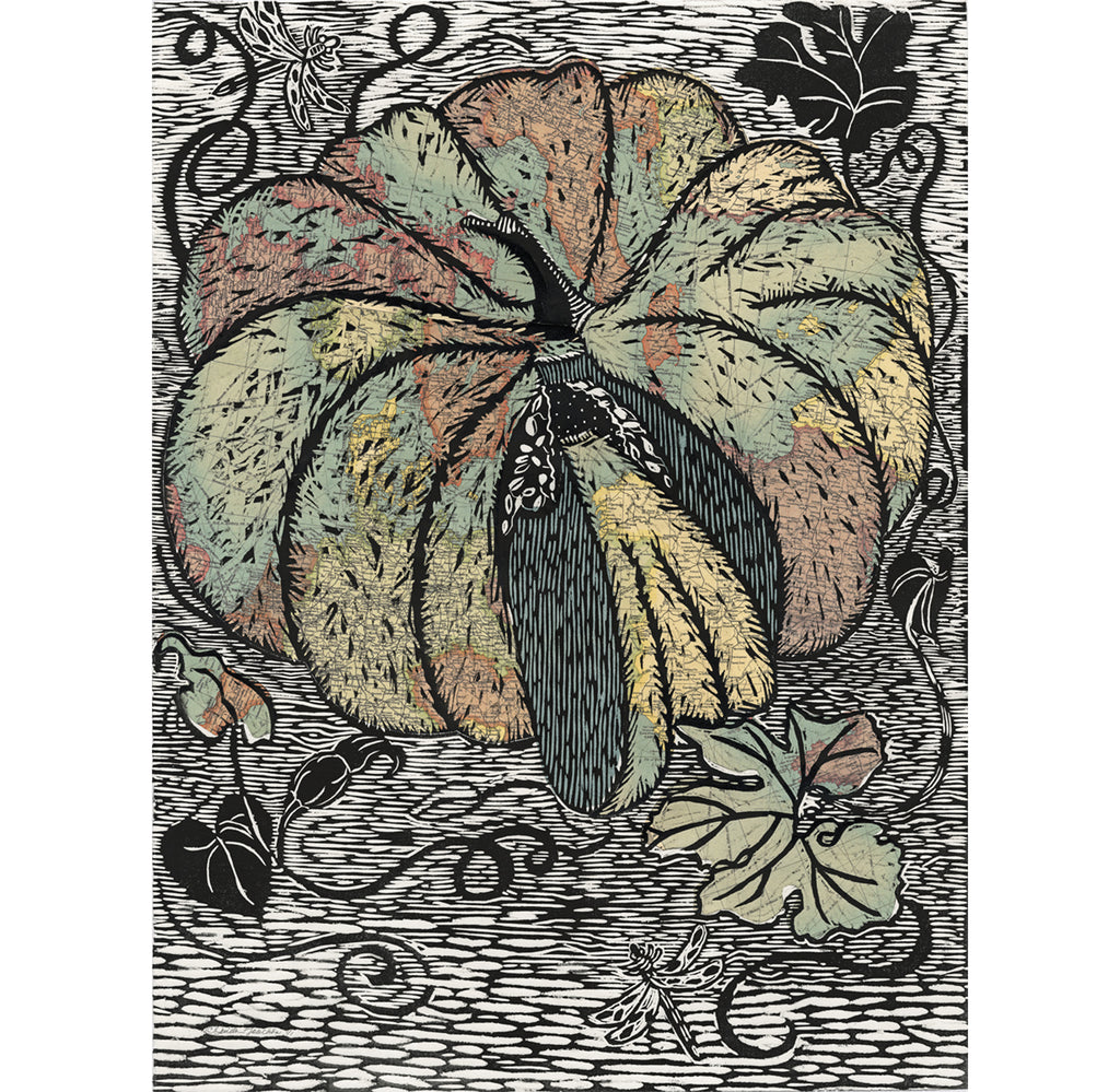 Vintage maps of the world are used in collage for this handprinted pumpkin titled Global Pumpkin by Ouida Touchon, original art for sale