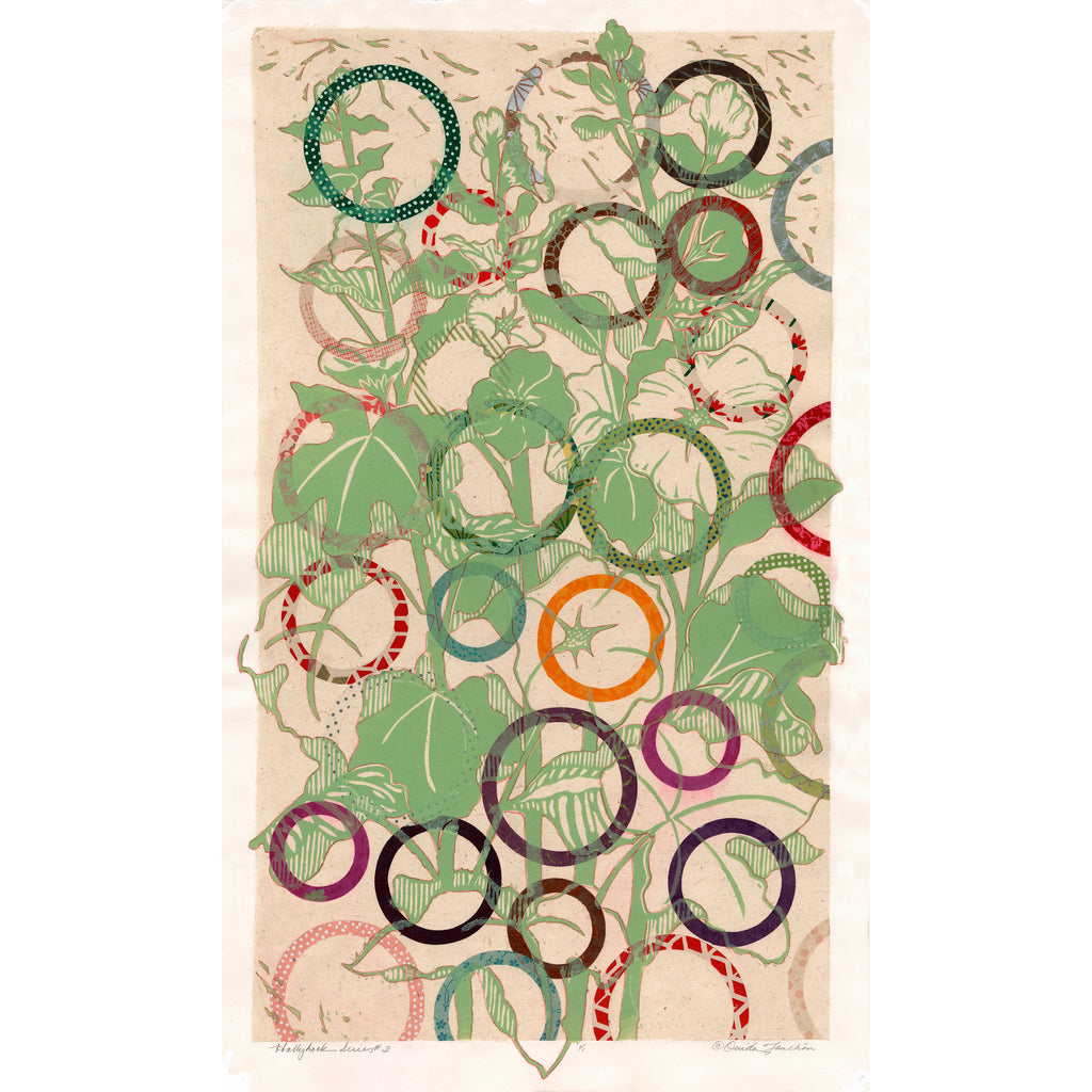 Hollyhock flowers with circles of colored paper as an original artwork for sale by artist, Ouida Touchon
