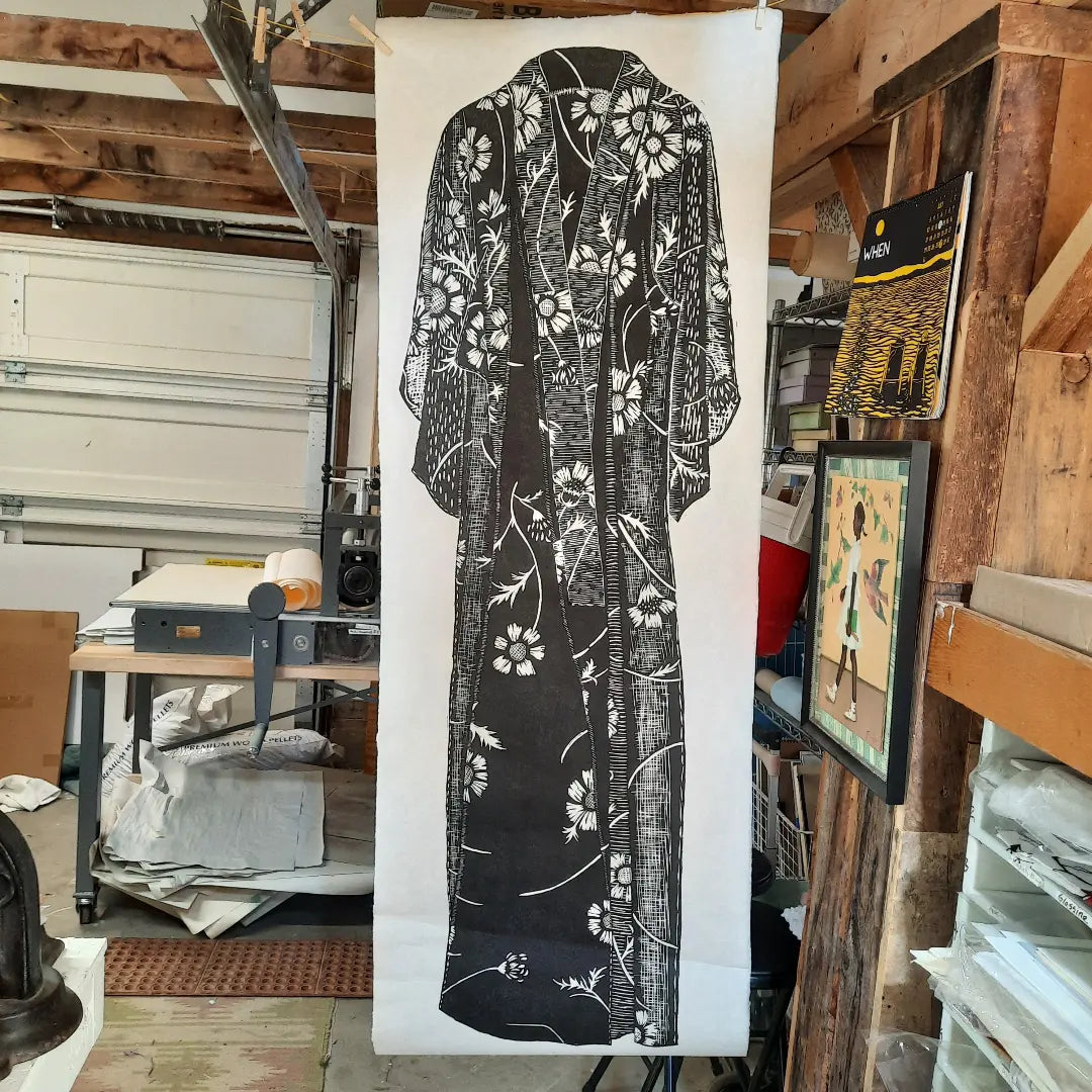 studio view, 'Kimono'-Woodcut print of Japanese kimono with sunflowers for sale by Ouida Touchon, edition of 10, signed and numbered, womenswear
