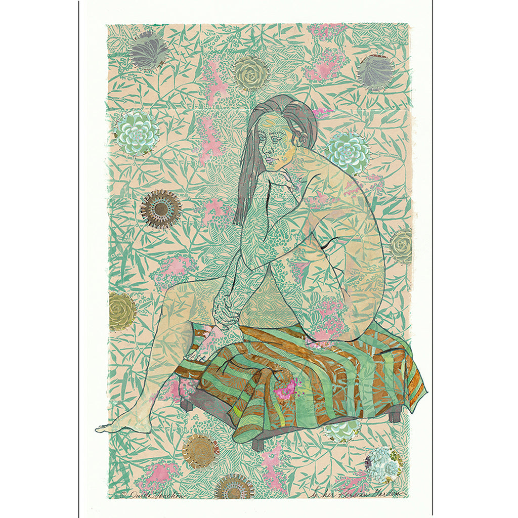 handprinted paper with applied collage and gouache, In her Persian Garden for sale by Ouida Touchon