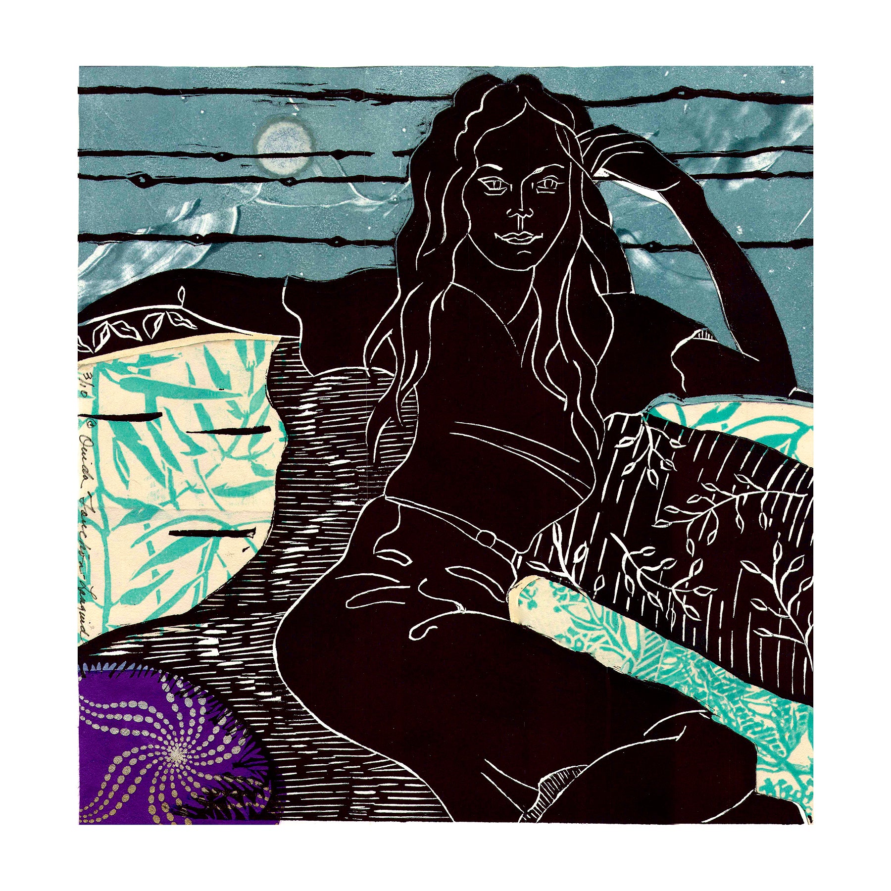 Languid, linocut with chine colle for sale by Ouida Touchon