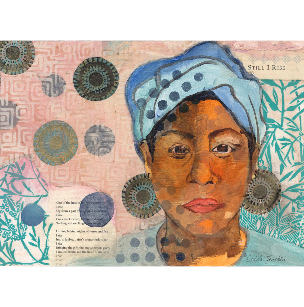 Maya 2, portrait of Maya Angelo, mixed media with poem and blue coloring, for sale by Ouida Touchon