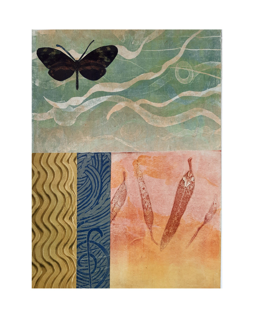 New work on paper, Meadow Walk l, collaged papers on base sheet of acid free paper, for sale by Ouida Touchon