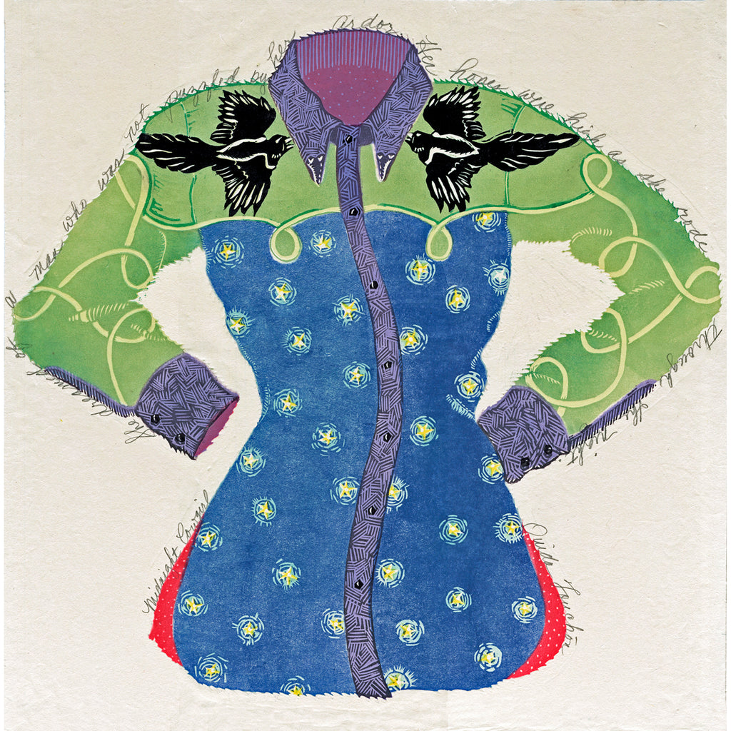 Westernwear fantasy garment with a night sky motif and magpies on her shoulders. Original from the edition, signed and numbered.  For sale by artist, Ouida Touchon