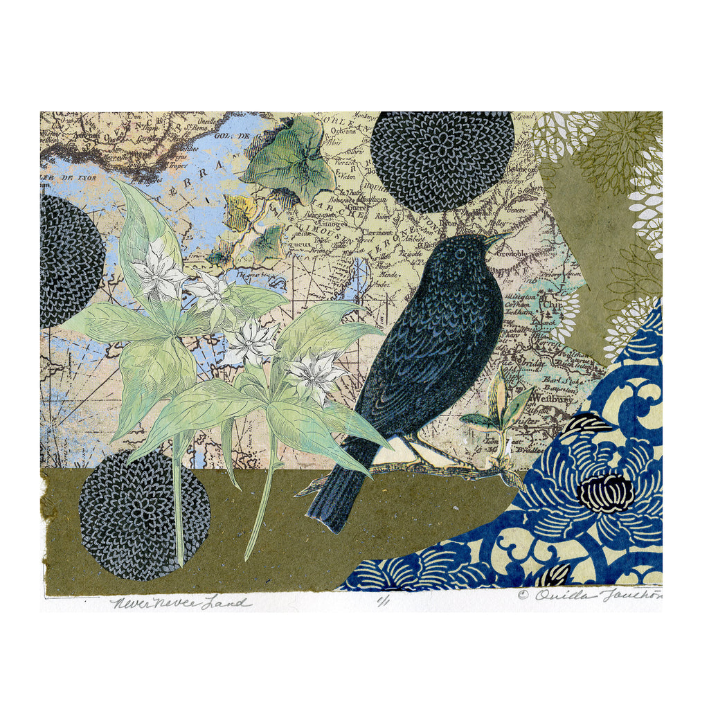 Never Never Land, A blackbird and foliage collage of paper fragments as well as a vintage map, for sale by Ouida Touchon
