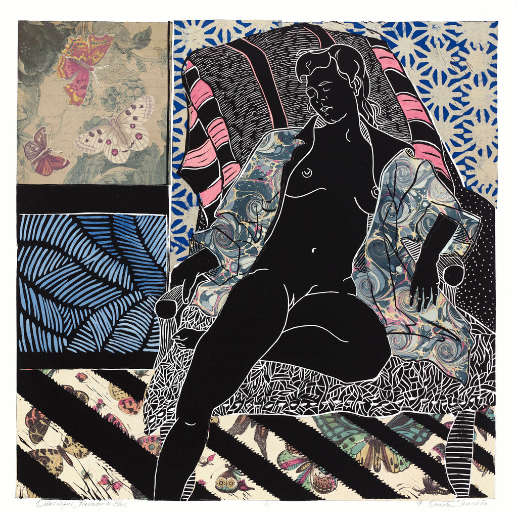 Odalisque, Harmony in Blue, linocut with chine colle, 24x24, for sale by Ouida Touchon