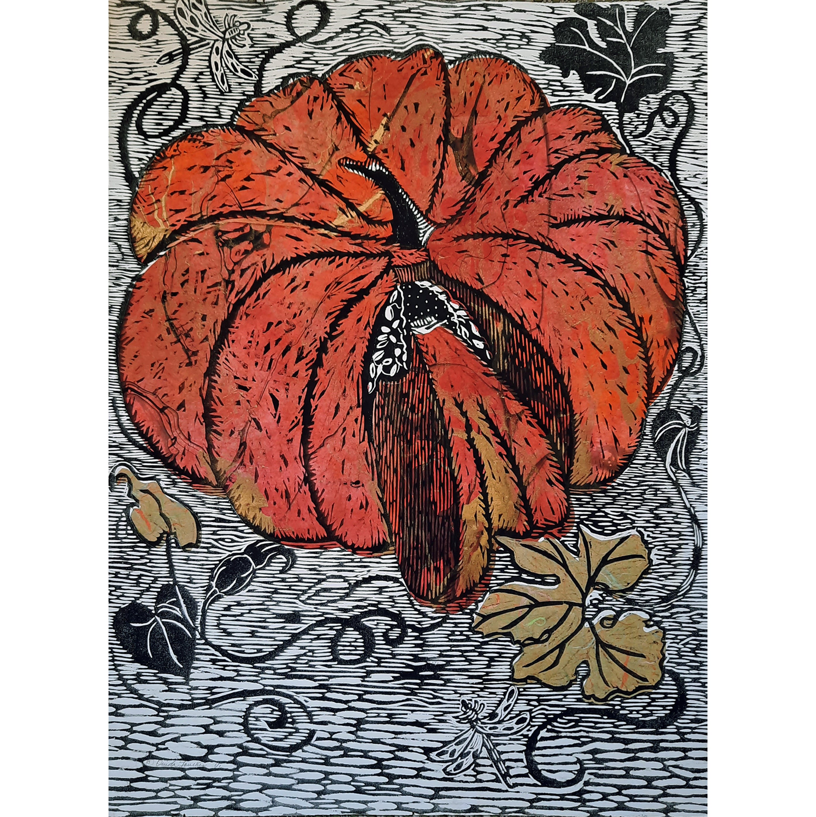 Golden Orange pumpkin with woodcut technique and chine colle collage. One of a kind, size 30hx22w, available for sale unframed by Ouida Touchon