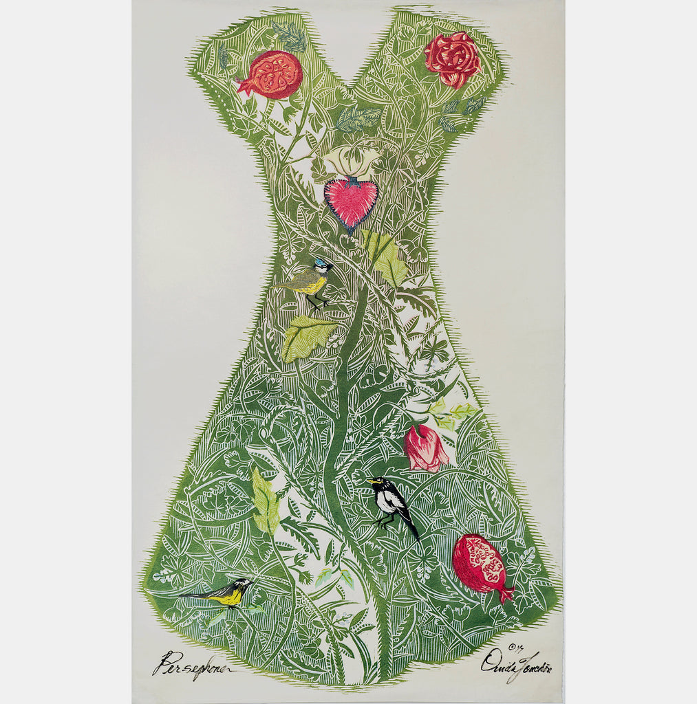 large woodcut print of a fantasy garment worn by the Goddess of Spring, Persephone, for sale by Ouida Touchon