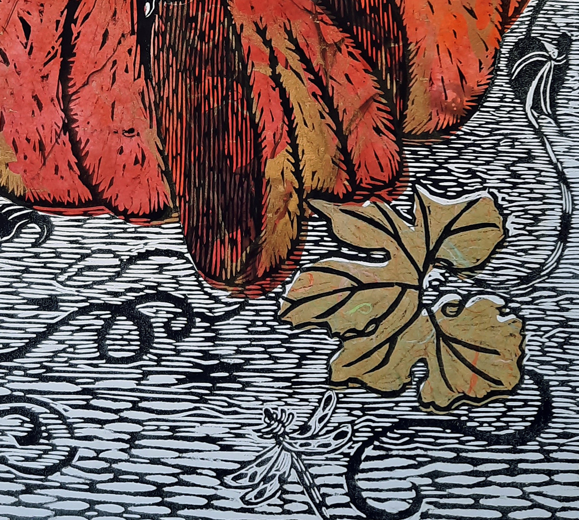 detail 1 of Golden Orange pumpkin with woodcut technique and chine colle collage. One of a kind, size 30hx22w, available for sale unframed by Ouida Touchon