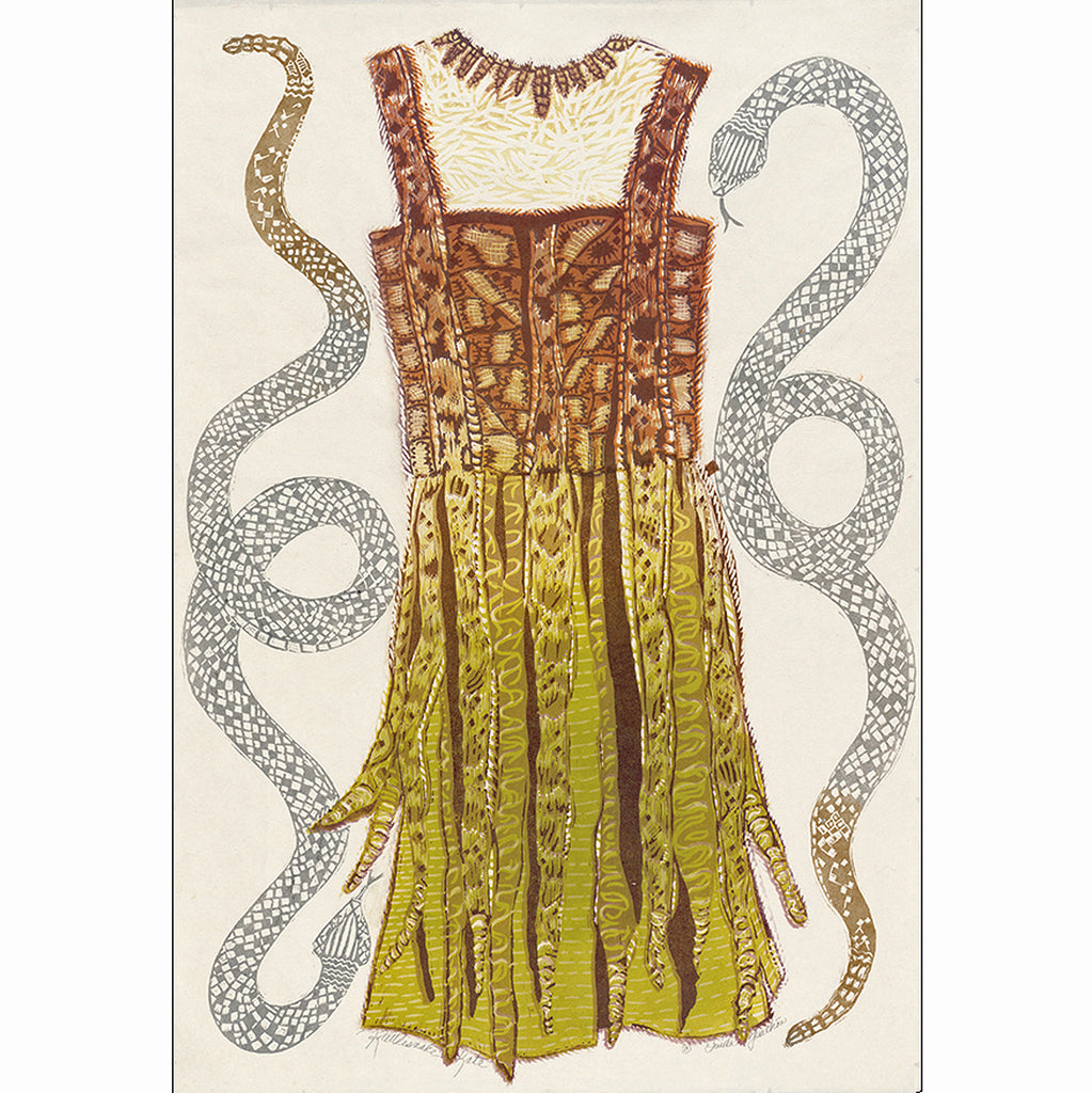 Rattlesnake Kate, woodcut print of her snakeskin dress and the snakes on each side, for sale by Ouida Touchon handprinted on Japanese paper