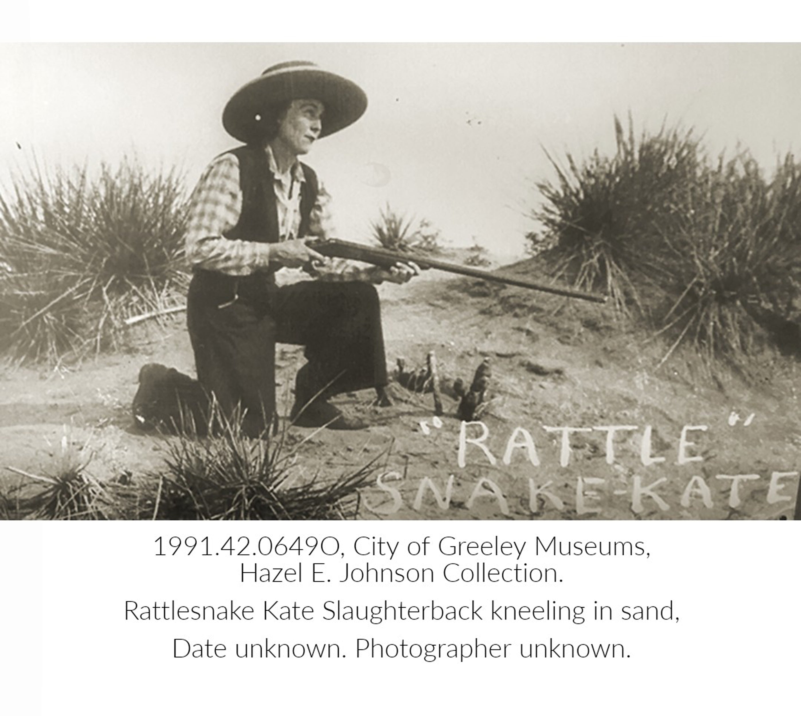 photo of Rattlesnake Kate Slaughterback kneeling and holding rifle, Ouida Touchon artist