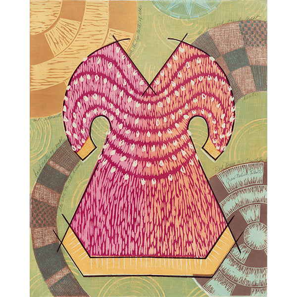 Tribute to the Crow Nation, The Red Dress, reduction woodcut print for sale by Ouida Touchon