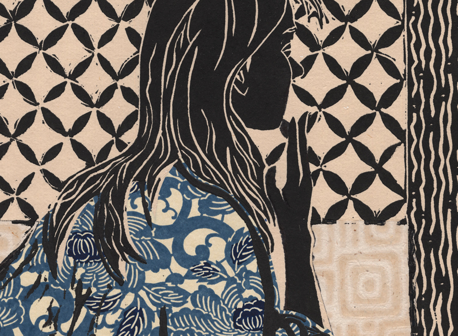 detail, Reflection, a lino cut handprint with chine colle collage, a woman washing her face, wearing a blue patterned kimono; limited edition, signed and numbered, for sale by Ouida Touchon