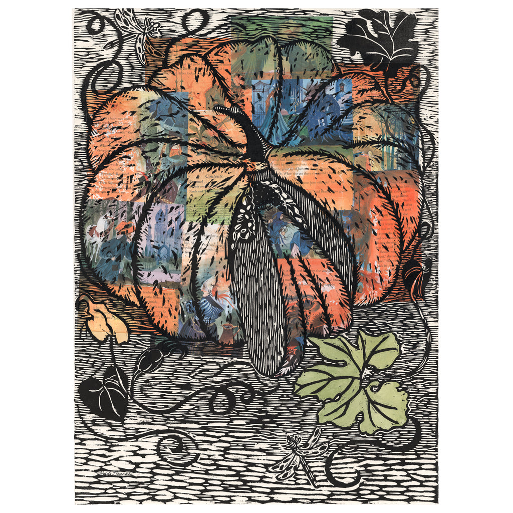 Storybook Pumpkin, woodcut print with collage of storybook pages from Cinderella book , for sale by Ouida Touchon, artist