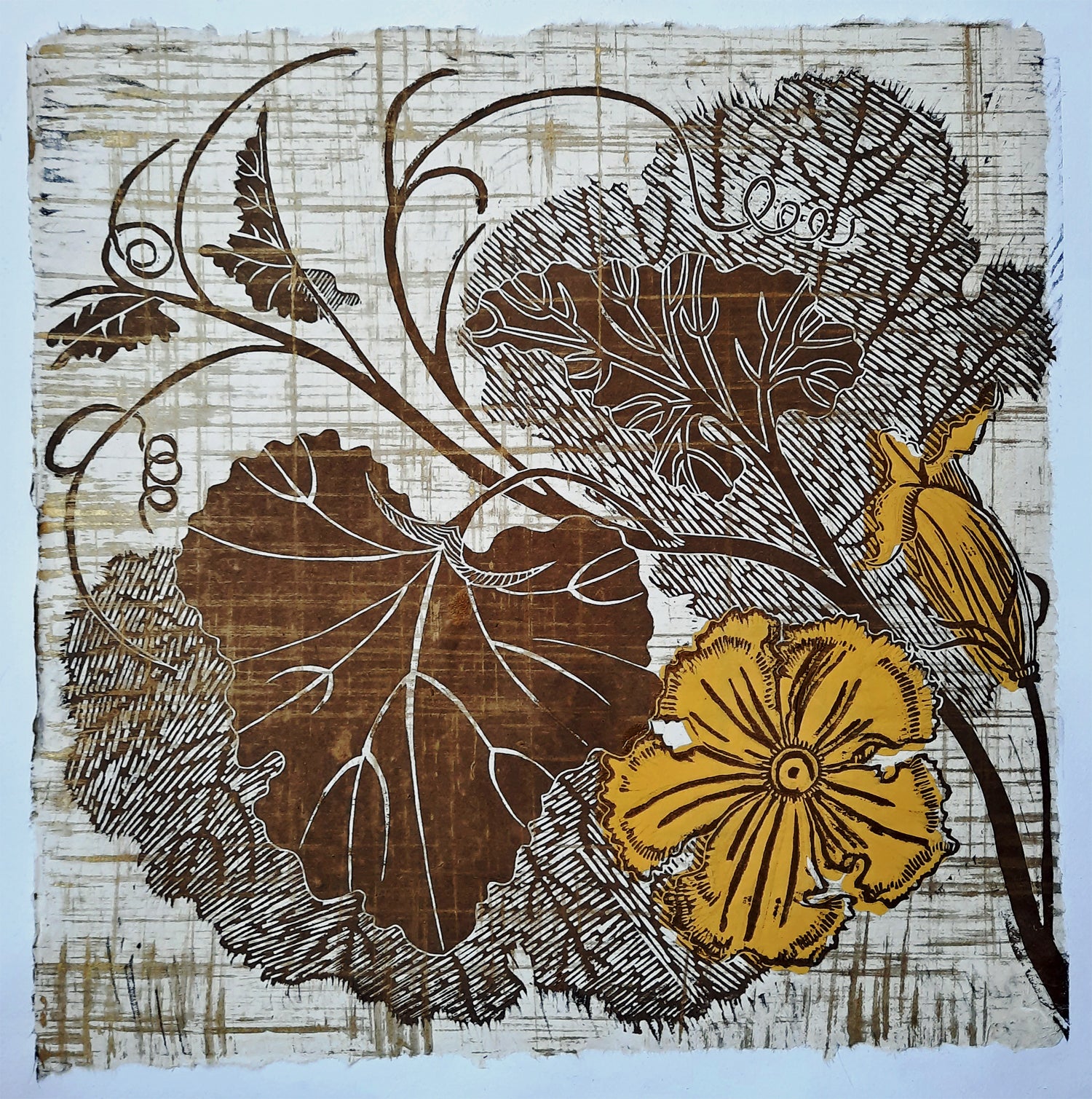 Summer, linocut with chine colle in gold ink over archival hand made papers. for sale by Ouida Touchon, Colorado artist. 