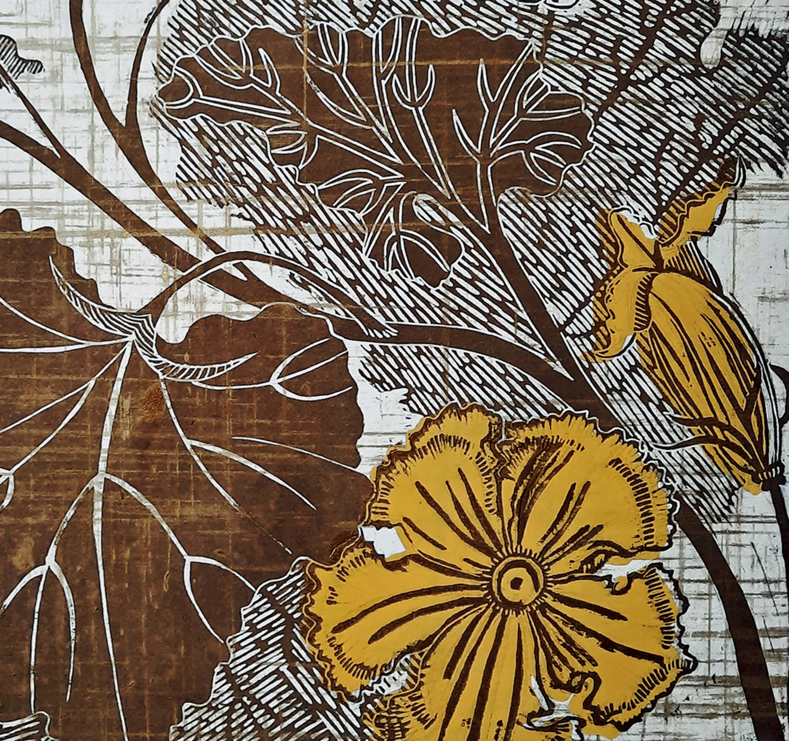 detail of Summer, linocut with chine colle in gold ink over archival hand made papers. for sale by Ouida Touchon, Colorado artist.