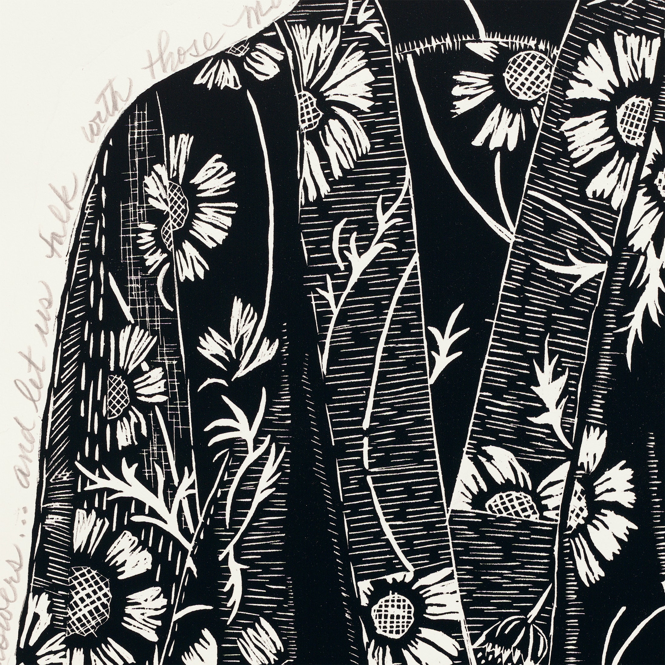 detail Sunflower Kimono, hand printed in black ink on Japanese paper, for sale by Ouida Touchon