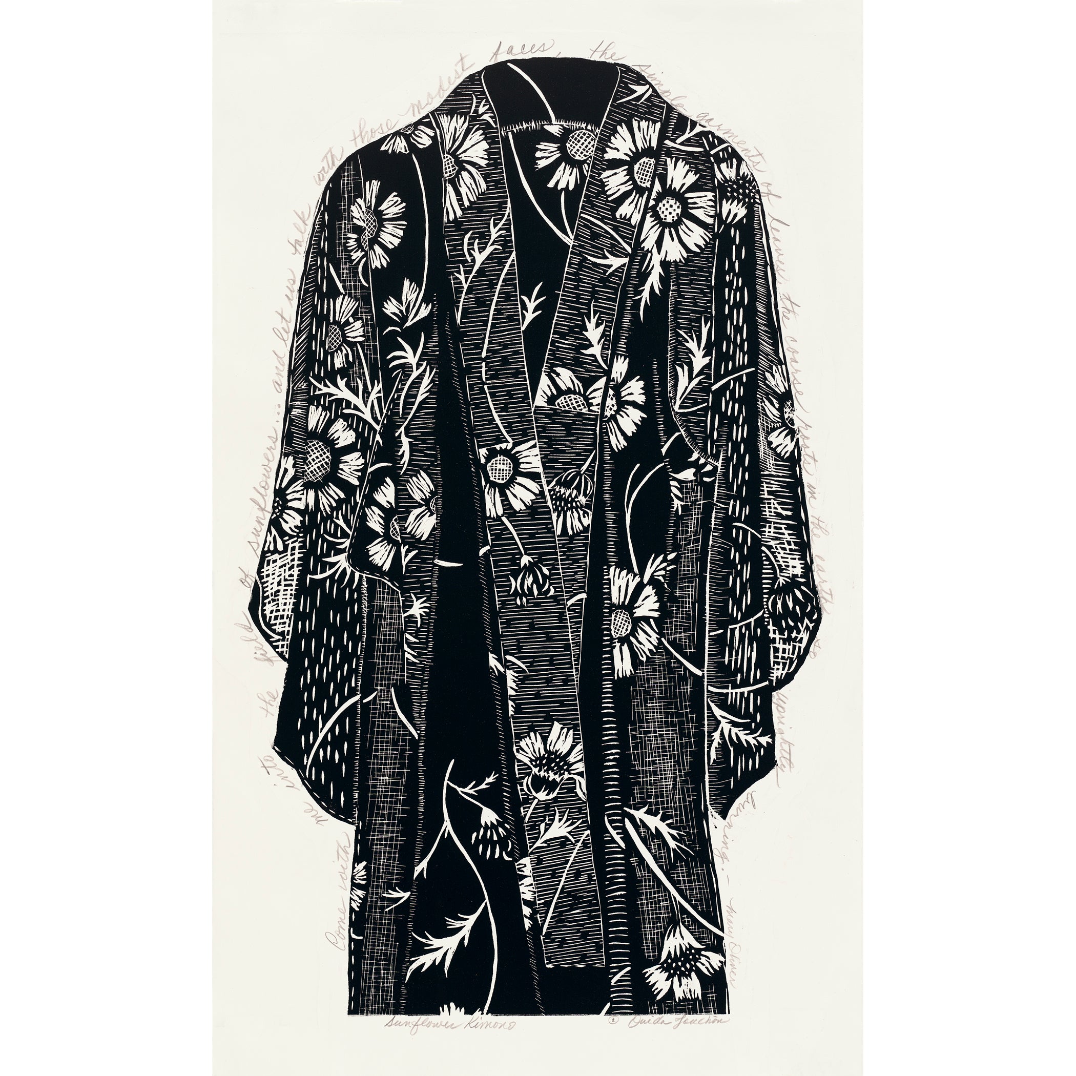 Sunflower Kimono, hand printed in black ink on Japanese paper, for sale by Ouida Touchon