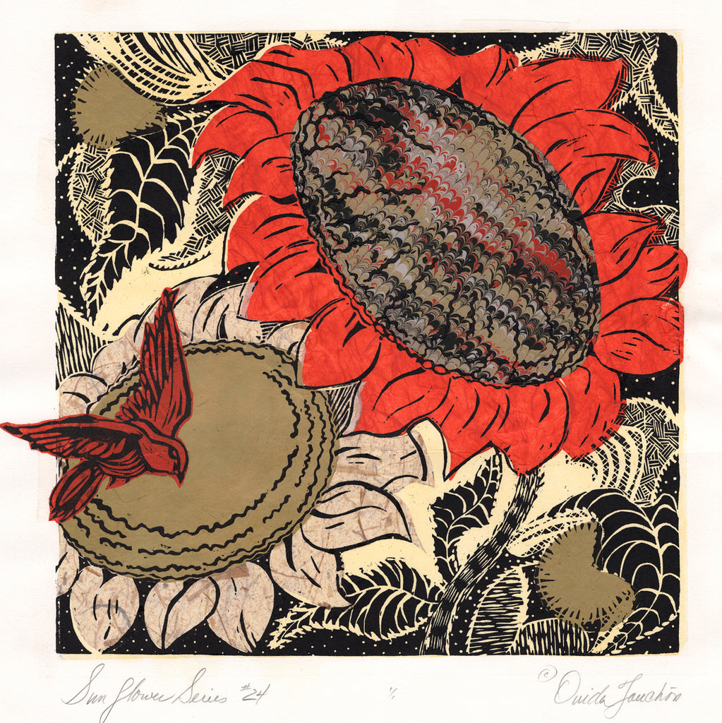 A large red sunflower and a smaller beige one with a red songbird and graphic inked design. Original art by Ouida Touchon, for sale. 